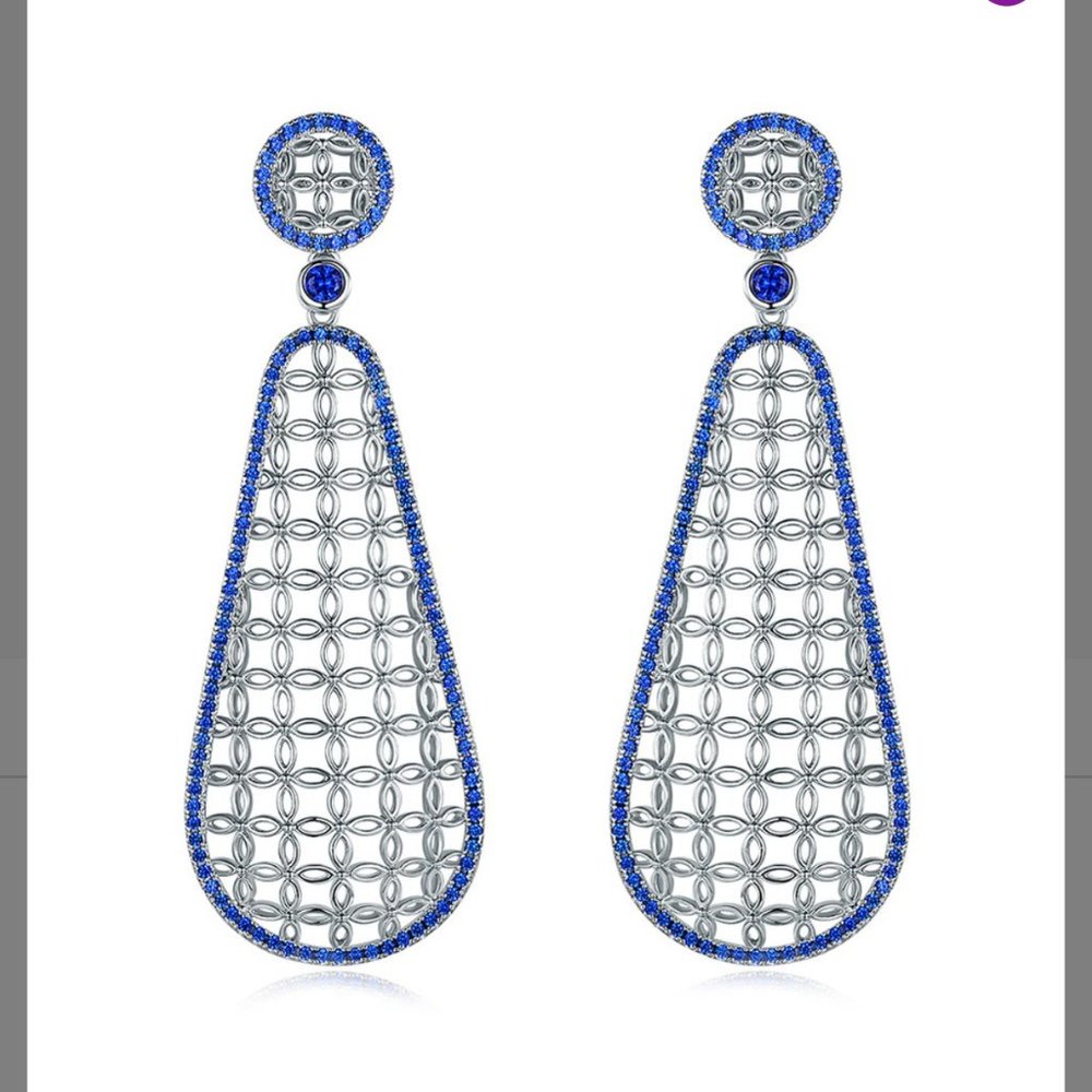 Sapphire and Silvertone Mesh Drop Earrings
